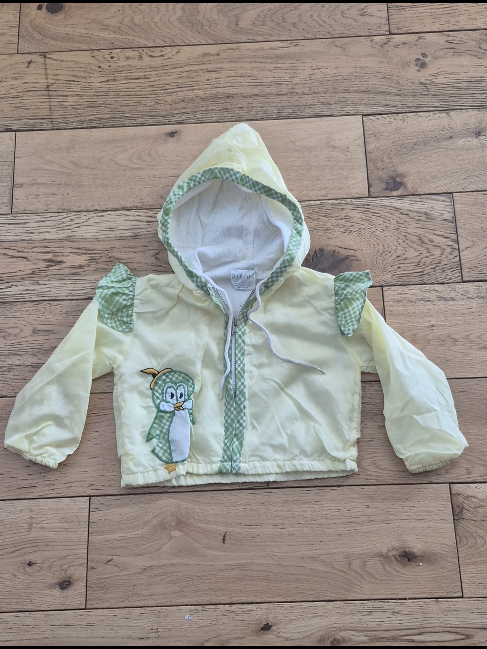Vintage Light Yellow Baby Hooded Jacket with Green Gingham Trim and Penguin